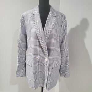 H & M Blue Grey & White Houndstooth Double Breasted Linen Blend Blazer  Large
